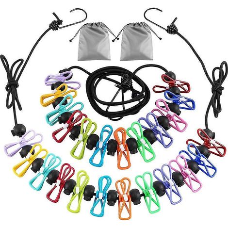 Lot de 2 cordes à linge rétractables pour le camping avec 12 pinces à linge, corde à linge élastique de voyage pour une utilisation en extérieur et en intérieur (1/5)