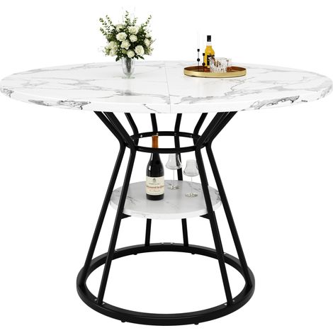 Table à manger ronde 100 cm effet marbre noir avec tablette centrale, pieds réglables en métal, pour cuisine et salle à manger  CHICFURN (1/5)