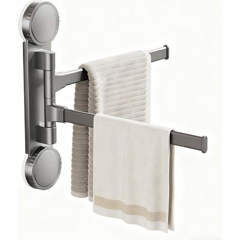 Porte Serviette Salle de Bain à Ventouse, Pivotant à 180°Porte Serviette Mural Doubles Tiges, Aluminium Space, Gris Acier (1/5)