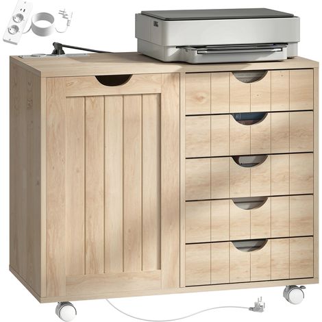 HOMCOM mueble para impresora con estación de carga y ruedas, soporte para impresora con 5 cajones, puertos USB, estante ajustable, natural