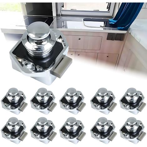 Lot de 10 verrous à bouton poussoir pour camping-car, caravane, yacht et bateau, serrure de meuble sans clé pour armoire, porte et tiroir, serrure à bouton rotatif en métal (chromé) (1/5)