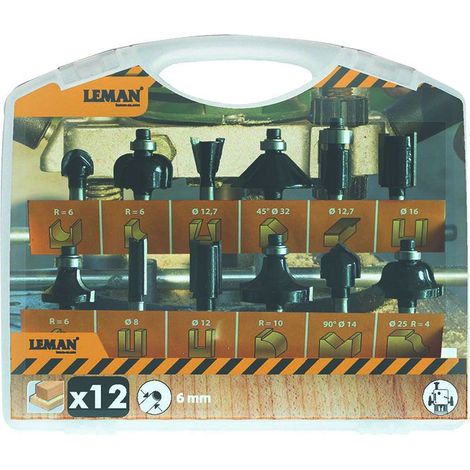 Leman – Coffret de 12 fraises de défonceuse carbure 6 mm – Pour bois dur – Coupe nette sans éclat – Coffret professionnel