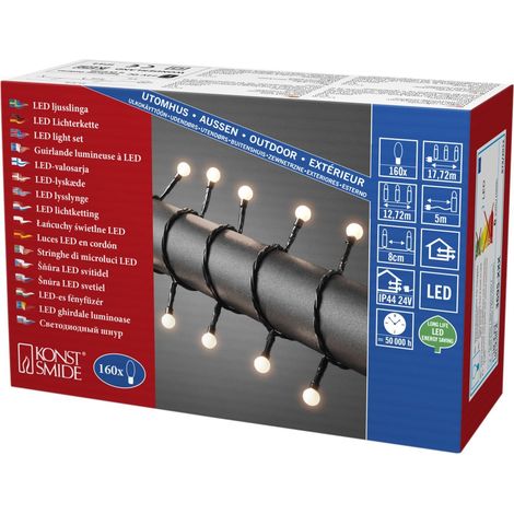 Konstsmide 3695 – 107 – Catena di luci LED con piccole rotonde diodi per esterni (IP44)/certificato VDE/24 V trasformatore esterno/160 diodi a luce bianca calda/cavo nero (1/4)