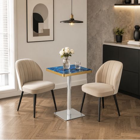 Table à manger carrée avec plateau effet marbre et cadre métallique doré, 60x60 cm (1/5)