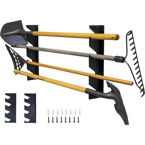 Support mural pour outils de jardin et garage - râtelier horizontal modulable acier antirouille (charge 45kg) - pour pelles et râteaux (1/4)