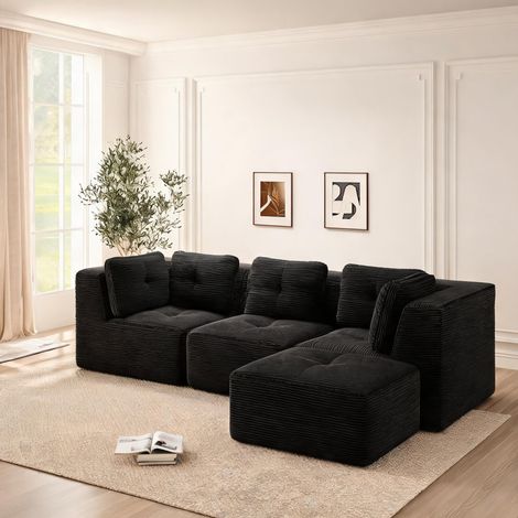 Canapé d'angle en velours côtelé noir modulable 297 x 177 x 69 cm (1/5)