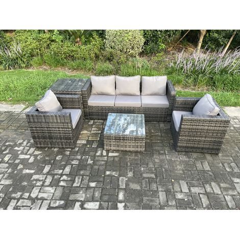 Fimous Outdoor Lounge Sofa Set Wicker PE Rattan Garden Furniture Set with 2 Armchairs Side Table Square Coffee Table Dark Grey Mixed (1/5)