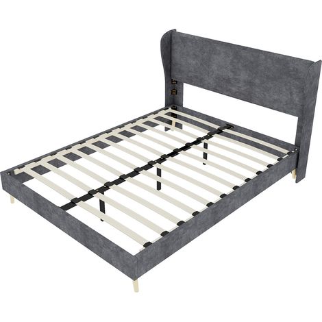 Cama tapizada moderna gris 160 x 200 cm con cabecero blando, estructura baja sin almacenaje (1/5)