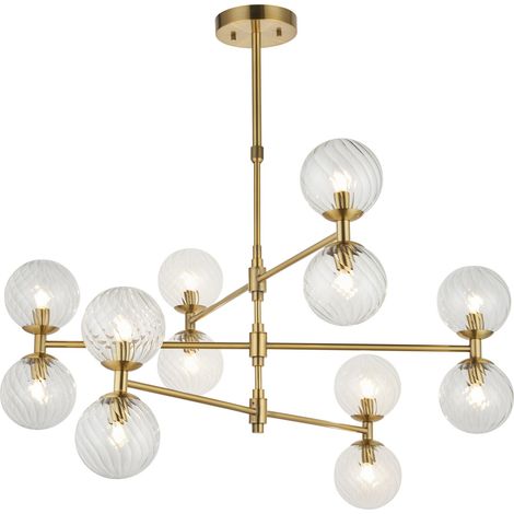 Merano Rome Plafonnier suspendu multi-bras en laiton vieilli brossé et verre transparent, 12 LED G9 de 3,2 W, blanc lumière du jour (1/5)