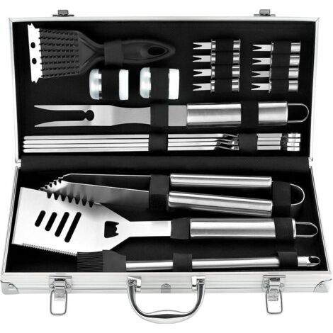 Kit Barbecue - 20 PC en Acier Inoxydable Barbecue Ustensiles de Gril dans Un Boîtier en Aluminium - Barbecue Ensemble d'outils pour Camping Voyage Jardin - Idee de Cadeau Homme Femmes