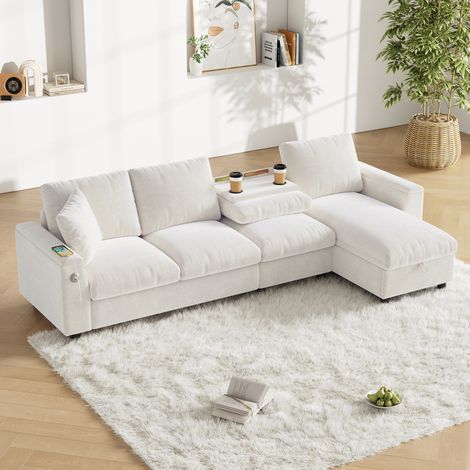 DESMIU Canapé d'angle réversible convertible avec coffre de rangement, table rabattable, tissu Chenille Beige (1/5)