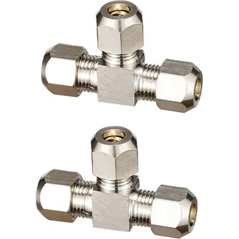 Compression Ferrule Tube Té de Diamètre Egal Couleur Raccord Nickelé Tuyau Pneumatique 2 pièces 10 mm Cuivre Argent (1/4)