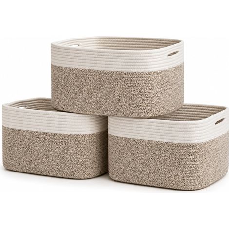 Lot de 3 Paniers de Rangement Tissés pour Étagères, Bacs de Rangement Décoratifs pour Placard, Paniers D'organisation, Panier de Rangement pour Jouets - Marron/Blanc Cassé, 37,5x22,5x25 cm (1/5)