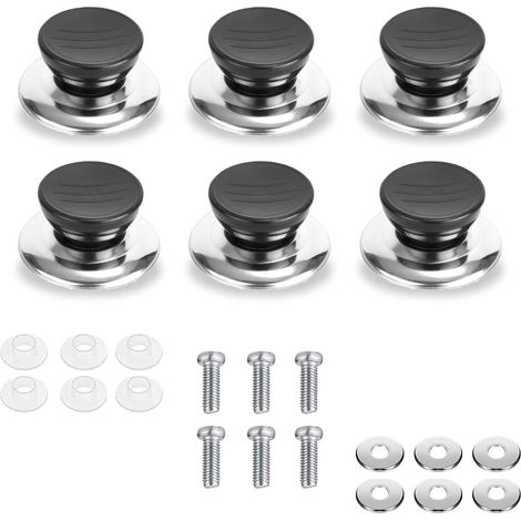 6 pomos universales de acero inoxidable para tapa de olla, aptos para cocina (con 6 arandelas de goma, 6 arandelas de metal y 6 tornillos de montaje) (1/5)