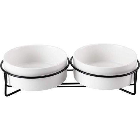 Comedero elevado para gatos (28,5 × 14,5 × 7 cm), color blanco y blanco, de cerámica con soporte de metal y doble antiderrames, 2 unidades de 400 ml (1/4)