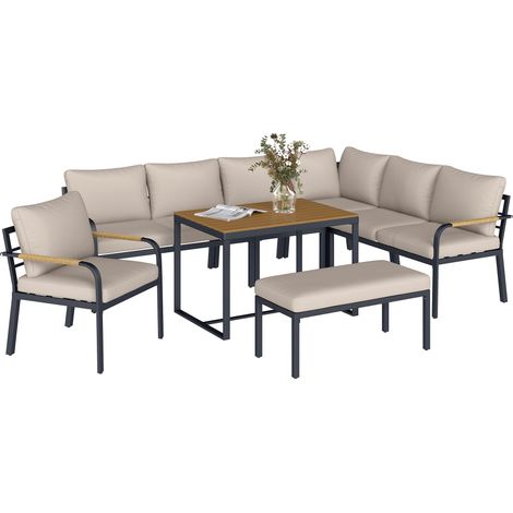 Salon de Jardin 7 Pièces Ensemble Canapé d'Angle Extérieur Modulable avec Table en WPC et Pouf Beige et Gris