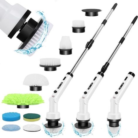 Brosse de nettoyage électrique rotative sans fil 9 têtes interchangeables Manche télescopique Étanchéité IPX7 3 vitesses réglables (1/5)