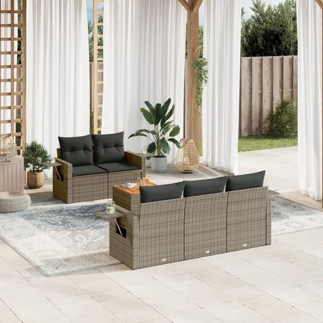 Set de muebles de jardín 6 pzas y cojines ratán sintético gris vidaXL (1/3)