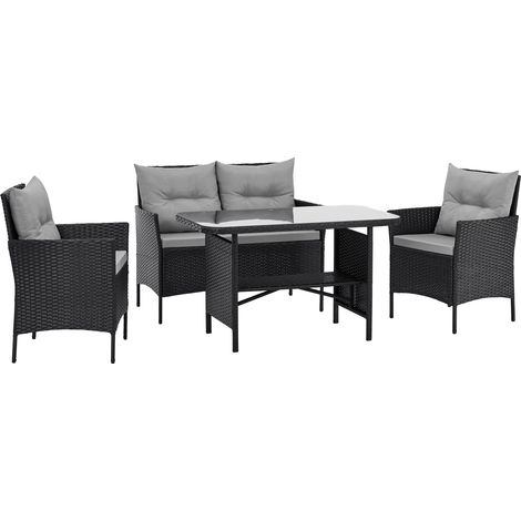 SVITA DALLAS Polyrattan Gartenmöbel Set 4-teilig 2 Sessel Sofa Tisch Inkl. Auflagen Schwarz