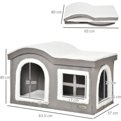 Niche d'intérieur pour chat avec deux entrées et une fenêtre, coussin et fond antidérapants, 63,5 x 37 x 40 cm, grise (1/5)