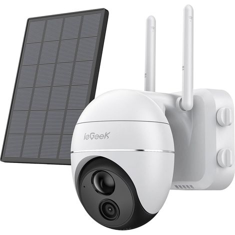 Iegeek – Caméra de surveillance extérieure 1080P WiFi sans fil – Vision nocturne 15m – Rotation 355°/120° – Panneau solaire IP66 blanc (1/5)