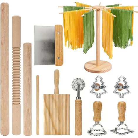Machine à pâtes manuelle 12 pièces, kit d'outils pour la fabrication de pâtes comprenant un séchoir à pâtes, un rouleau à pâtes, une planche à gnocchis, un emporte-pièce à raviolis et un ensemble comp