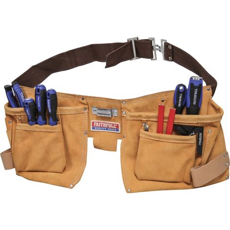 Pochette double en cuir suédé pour outils et clous – Ceinture à outils 10 poches avec passants pour marteau et ceinture réglable (tailles : 74 à 117 cm) – Beige (1/5)
