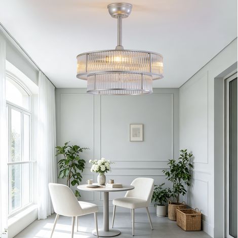 REDOM Ventilador de techo con luz (53x53x30 cm), control por app y mando, 6 velocidades, metal y vidrio plateado (1/5)