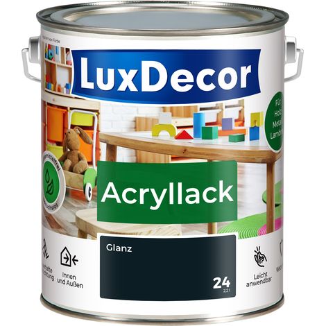 LUXDECOR Acryllack Holzfarbe Metall und Holz Lack Buntlack Glanz (24) Gehärteter Stahl - 2,2L