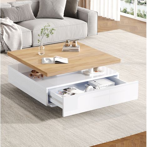 Table basse carrée 70 x 70 x 36 cm pivotante 360° avec tiroir, blanc et noyer HAVRYA (1/5)