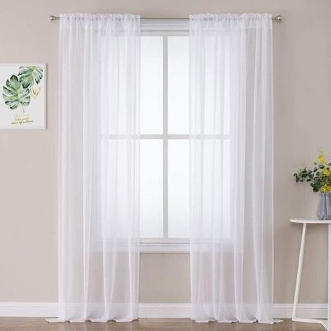 Lot de 2 panneaux rideaux voilages 140x180cm – Tissu polyester doux semi-transparent – Couleur blanche pour salon – Installation facile avec poches de tige (1/5)