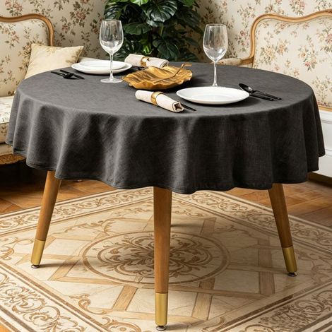 Tovaglia rotonda, resistente alle macchie e impermeabile, 140 cm - texture lino grigio antracite - lavabile in lavatrice, stile scandinavo. (1/5)