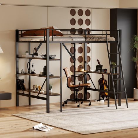 Cama alta de metal negra 90x200 cm con escritorio, 3 estantes y somier de láminas (1/5)