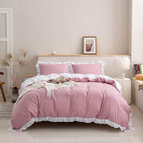 Bettwäsche-Set 155x220 cm Rosa mit Rüschen, Shabby Chic, Mikrofaser