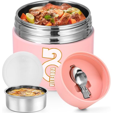 Fiambrera térmica de 1300 ml con cuchara plegable, de acero inoxidable, sin BPA, para la escuela, la oficina y el camping, color rosa