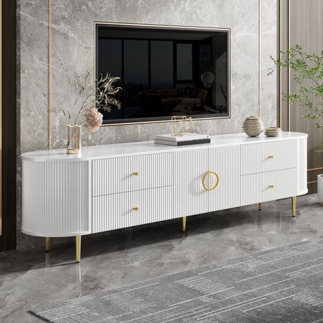Meuble TV, meuble bas, structure ondulée tridimensionnelle, bords arrondis, corps en MDF, poignées en aluminium, pieds en fer, étagère fixe, passe-câbles, salon (1/5)