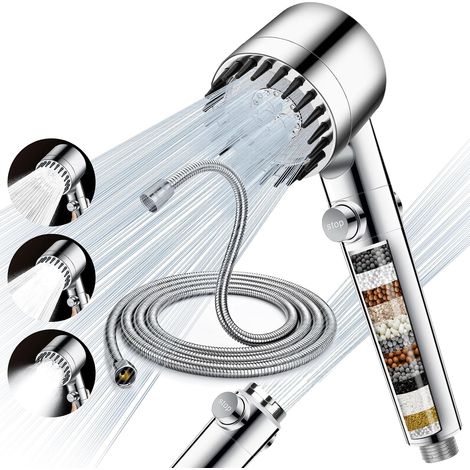 Pommeau de Douche Anti Calcaire avec Étapes Filtre et Tuyau 2M Pomme de Douche Économie D'eau Haute Pression Douchette Douche Salle de Bain Filtrant avec Types de Jets et Bouton D'arrêt(Argent) (1/5)