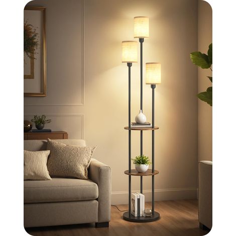 Lampadaire avec Étagère, Style Vintage, Marron Rustique et Beige avec 3 Abat-jour en Tissu Lin et 1 Interrupteur à Pied, pour Salon, Chambre, Bureau (1/5)