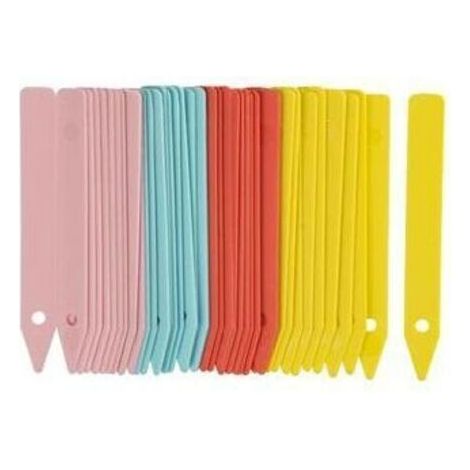 Étiquettes rigides en plastique pour plantes – Dimensions 10 cm – Lot de 40 étiquettes pré-perforées – Couleurs tendance bleu, jaune, rose, rouge (1/4)