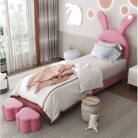 Cama juvenil tapizada con LED y almacenaje rosa OKMYHOME (1/5)