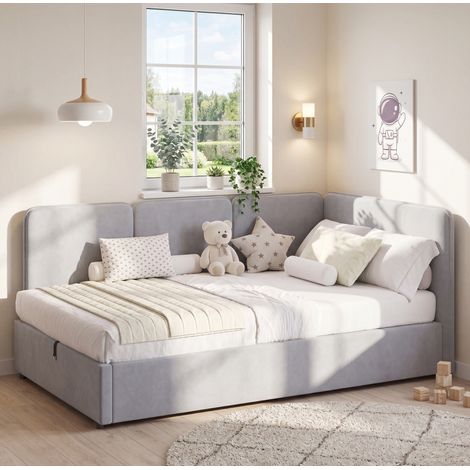 Cama canapé 90x200 cm con somier de lamas y almacenamiento hidráulico, tapizada en terciopelo gris (1/5)