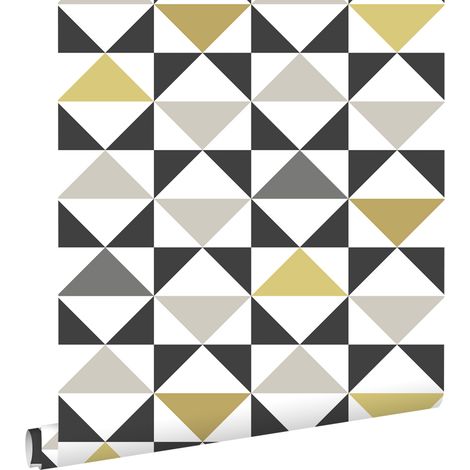 papier peint triangles blanc, noir, gris et jaune ocre  - ESTAhome