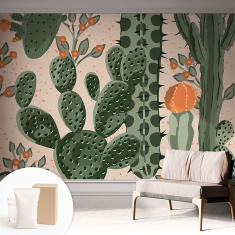 Papier peint intissé mural avec imprimé motifs décoratifs - style contemporain - Colle incluse gratuite Cactus verts 312x219 cm (1/5)