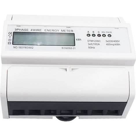 Compteur électrique domestique blanc 3 x 230/400 V 50 Hz, affichage LCD, modèle DTM123SC, triphasé à quatre fils, montage sur rail DIN, 3 x 5 A (1/5)