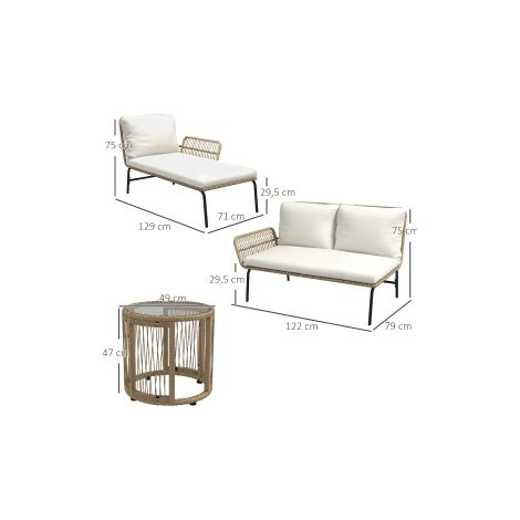 Salon de jardin en rotin avec fauteuil inclinable, canapé 2 places, table basse et coussins crème pour terrasse et balcon (1/5)