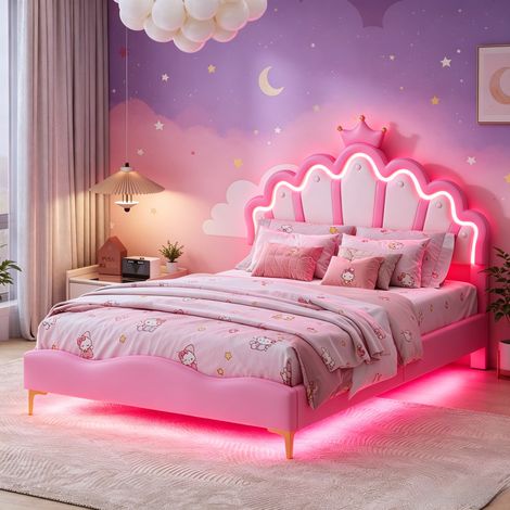 JOOKGBD–Lit enfant 140x200 cm,lit princesse,lit double,lit rembourré,tête de lit en forme de couronne,LED réglable,tête réglable en hauteur,sommier à lattes,PU,rose