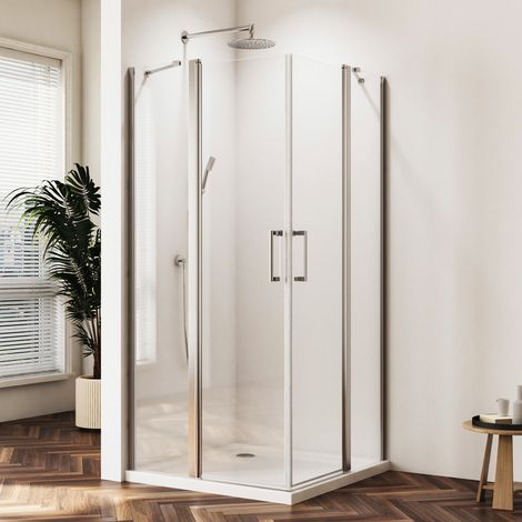 Duschkabine Pendeltür 90x90 cm Eckeinstieg Duschabtrennung Schwingtür mit Fester Segment Doppelter Pendeltür Dusche aus 6mm Nano Beschichtung ESG Glas, Duschwand Höhe 185cm