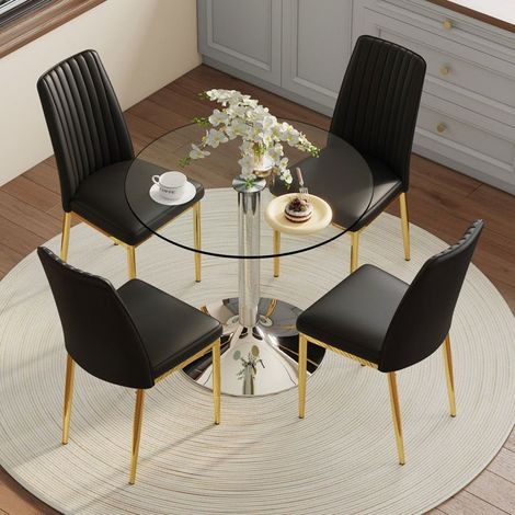 Table et Chaises de Salle à Manger Ø 85 cm 4 Chaises en verre de sécurité Chaises noires en cuir synthétique (1/5)