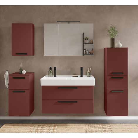 Badmöbel Komplett Set in rot, Waschtisch für 2 Armaturen und 3-türigen Spiegelschrank - ATELLA-03 (1/5)