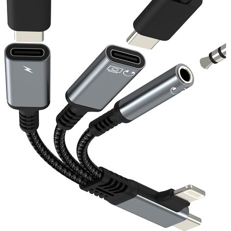Adaptateur USB C vers Jack Double Prise Chargeur Lightning Cable pour iPhone 17 16 15 14 13 Pro Max pour Apple Audio Casque Ecouteur 3.5mm Auxiliaire Charge Type C Compatible avec Samsung S26 S25 (1/5)